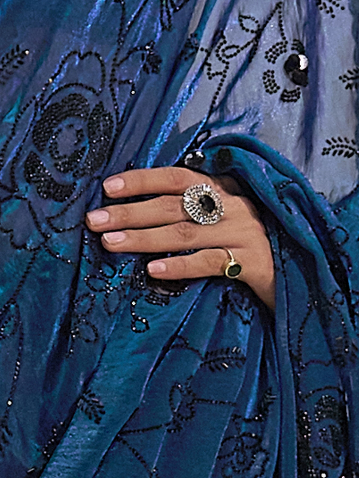 Teal Blue satin silk saree view 5