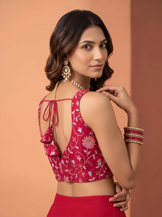 Pink sequin embellished satin sleeveless readymade saree blouse with deep v neck view 1