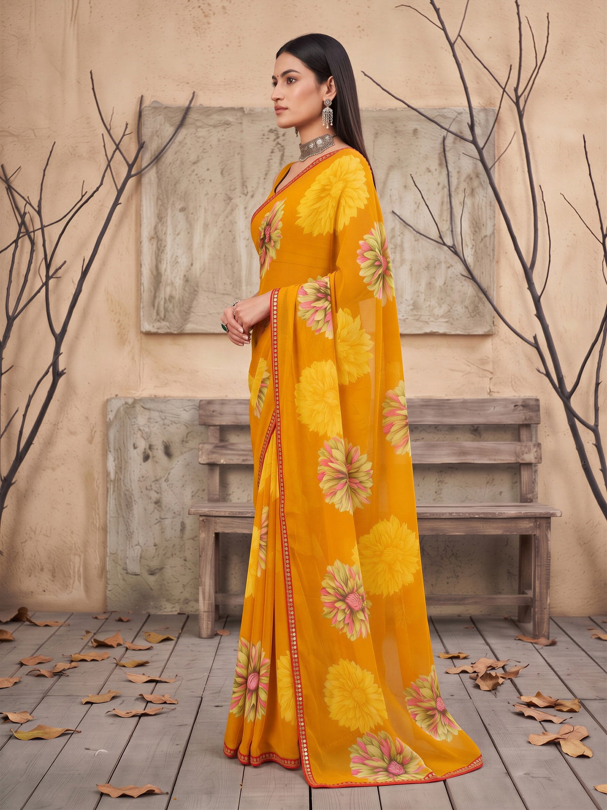 Mustard Georgette saree – detail view 2