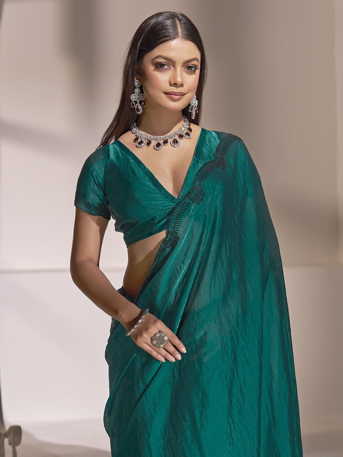 Teal Green satin silk saree view 5