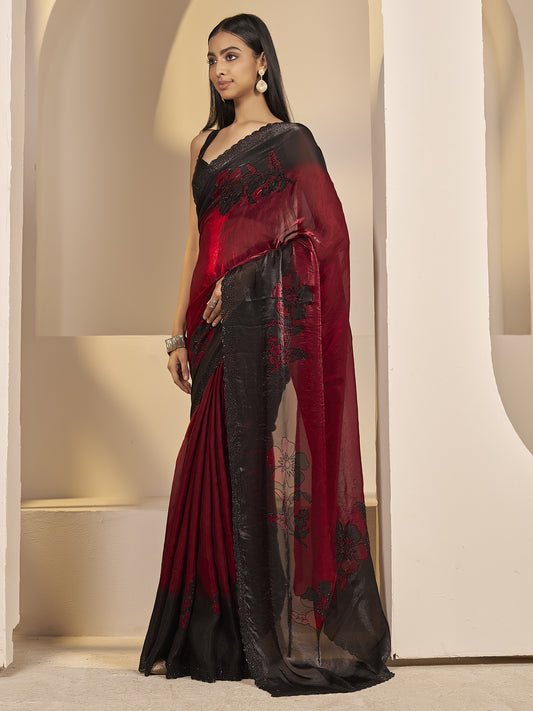 Maroon satin silk saree view 1
