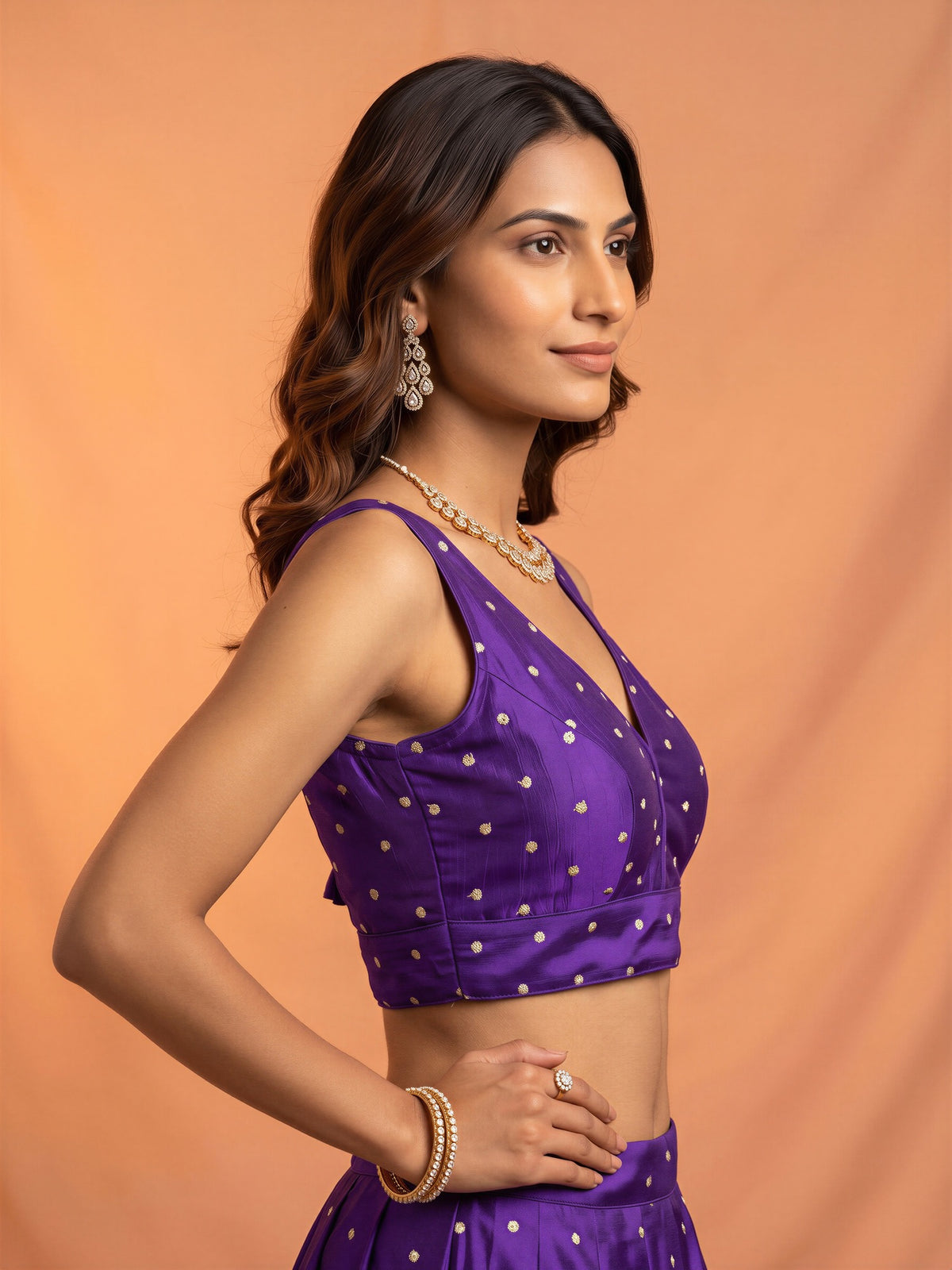 Purple sequin embellished silk blend sleeveless readymade saree blouse with v neck view 2