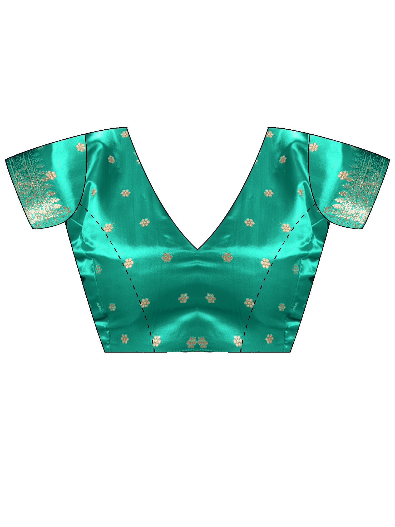 Unstitched teal green satin silk blouse piece with woven design design