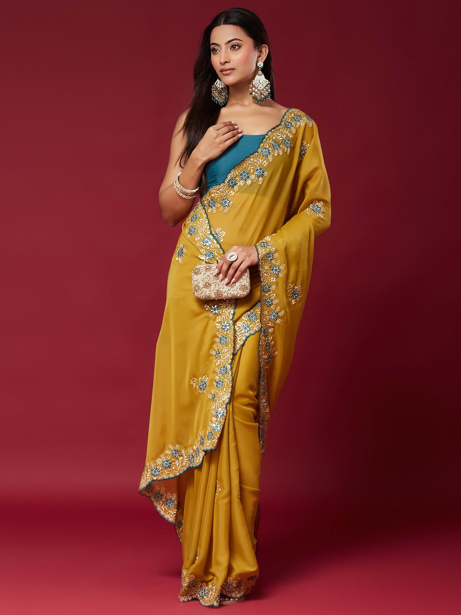 Mustard Georgette saree – detail view 4