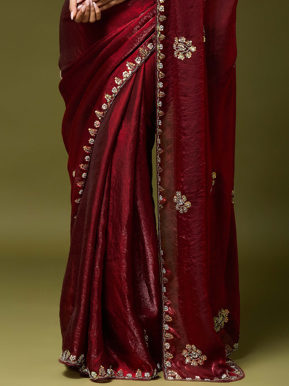 Maroon Satin Silk saree – detail view 5