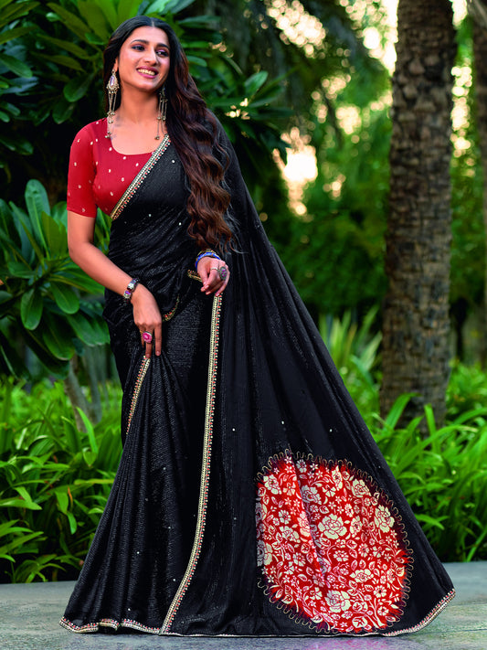 Black embroidered chiffon saree with maroon blouse piece