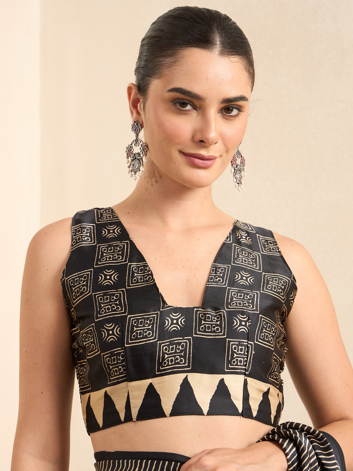 Unstitched black pure crepe blouse piece with geometric design
