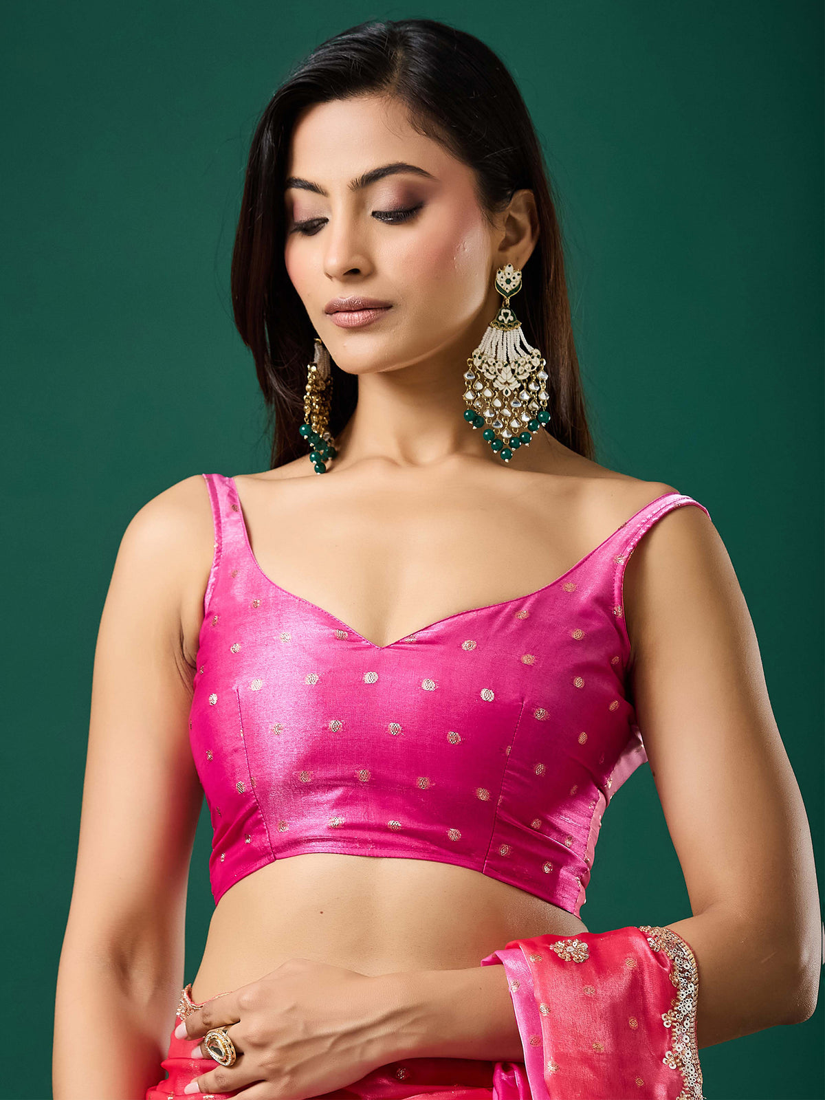 Unstitched pink satin blouse piece with woven design design