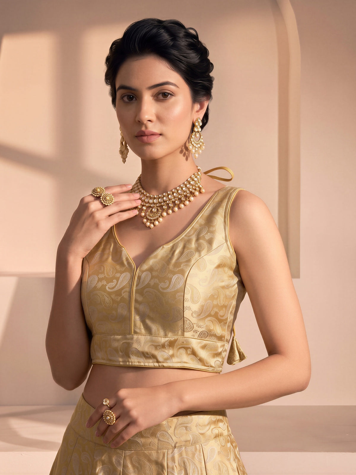 Gold woven brocade silk blend sleeveless readymade saree blouse with v neck view 2
