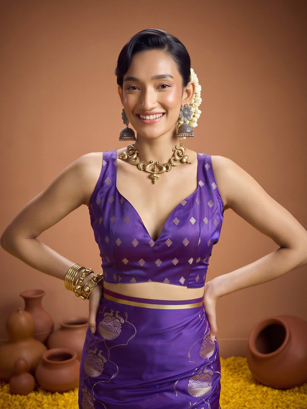 Unstitched purple satin blouse piece with woven design design