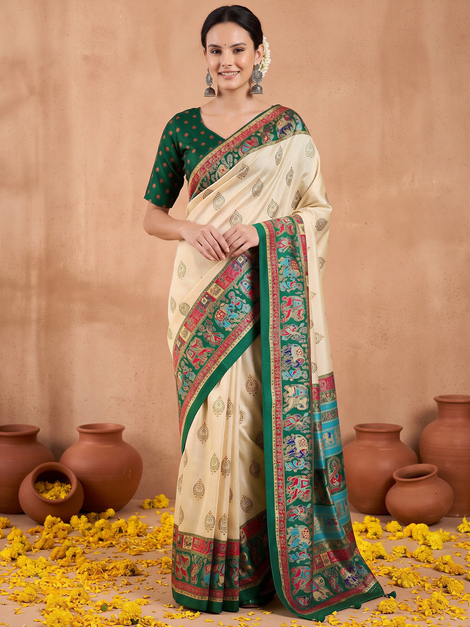 Woman wearing cream silk blend saree with metallic foil print work and green blouse