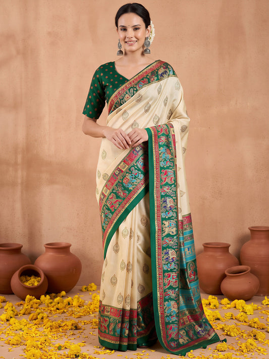 Woman wearing cream silk blend saree with metallic foil print work and green blouse