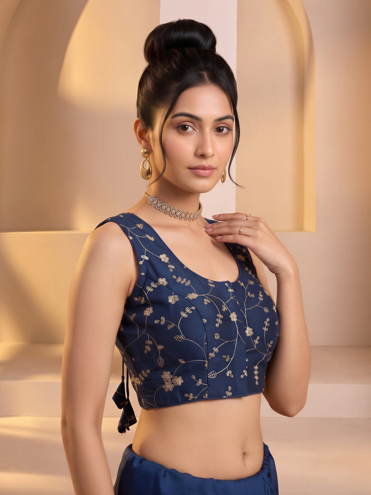 Teal Blue sequin embroidered vichitra silk sleeveless readymade saree blouse with round neck view 3
