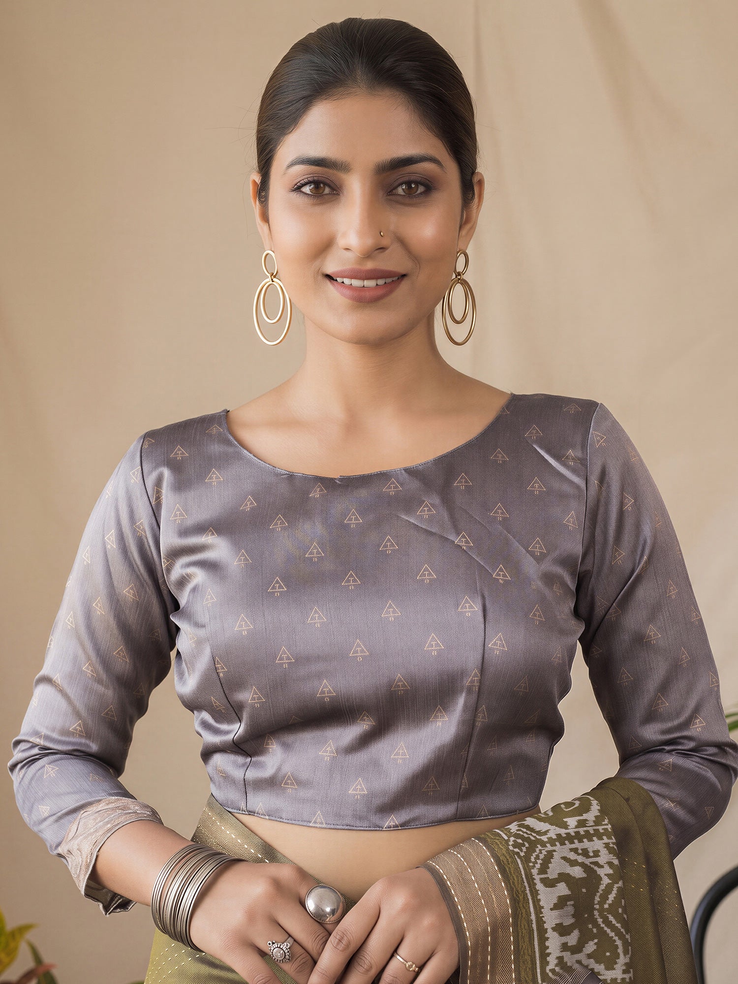 Unstitched grey silk cotton blouse piece with geometric design
