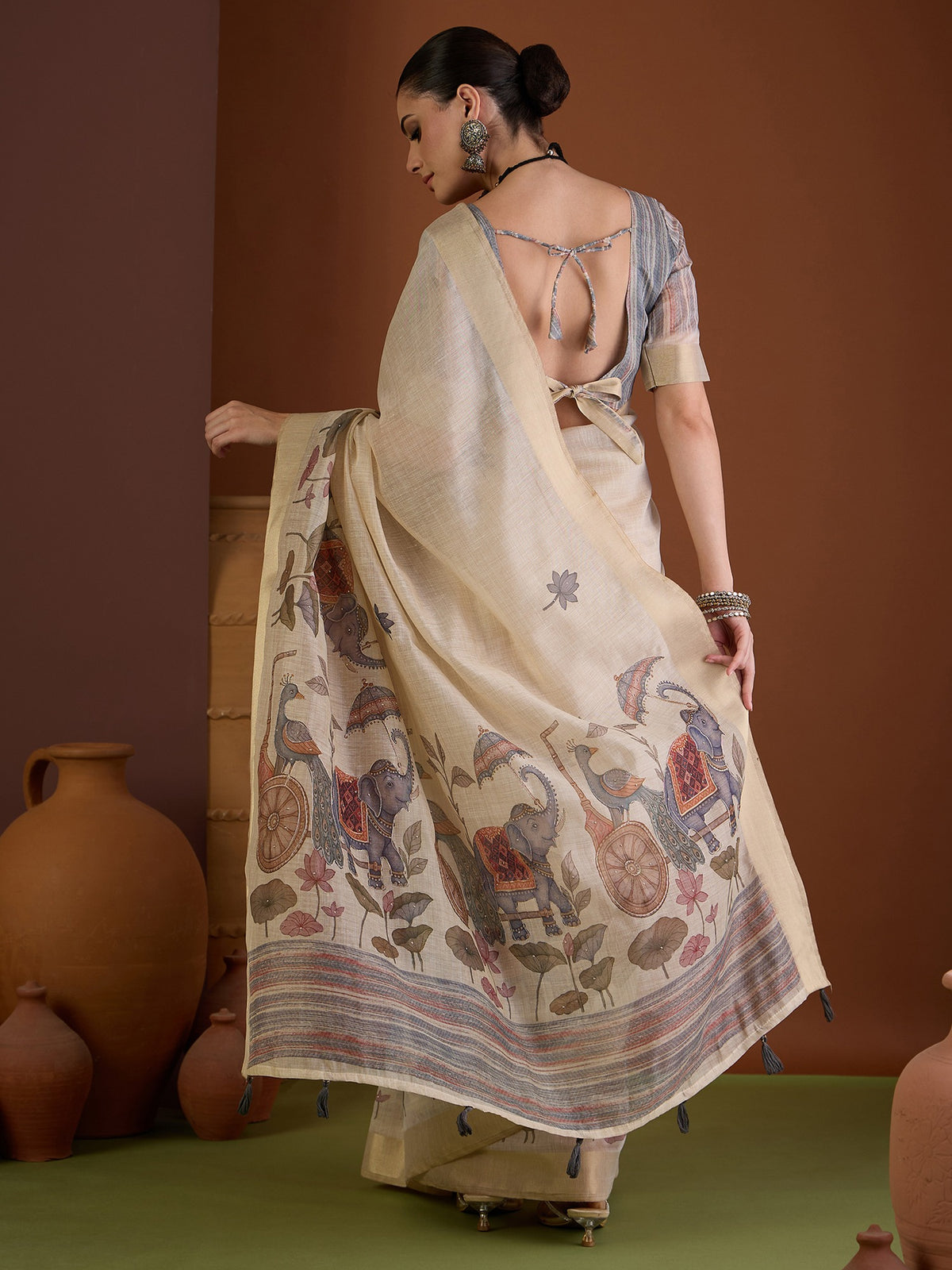 Beige linen blend saree view 3