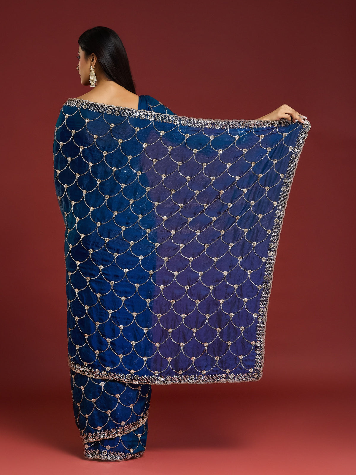Blue Satin saree – detail view 5