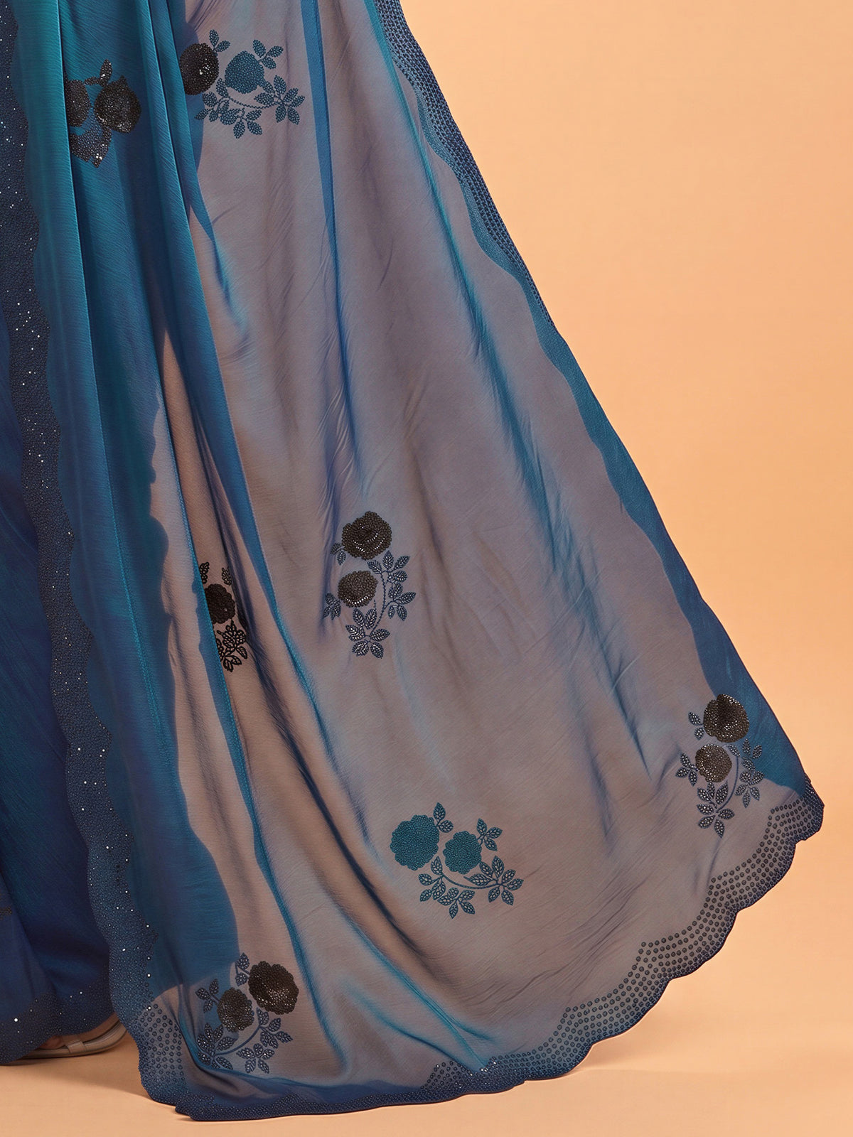 Teal Blue Satin Silk saree – detail view 5