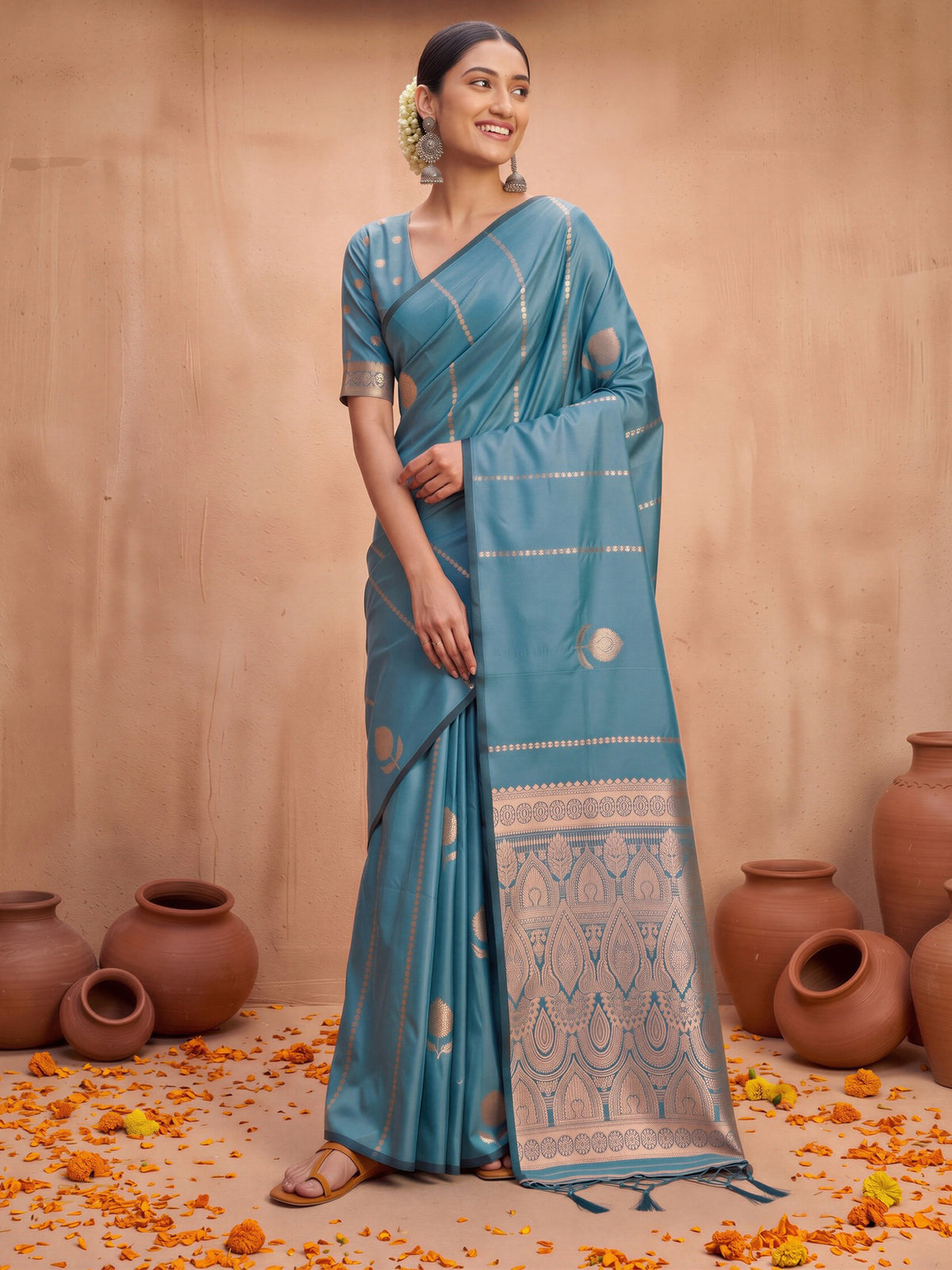 Teal Blue Satin Silk saree – detail view 2