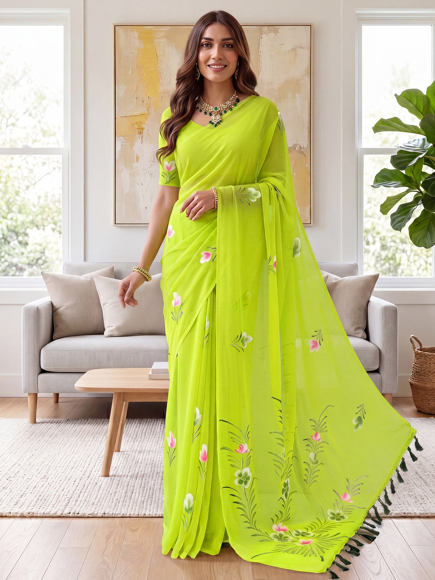 Lime Green Georgette saree – detail view 3