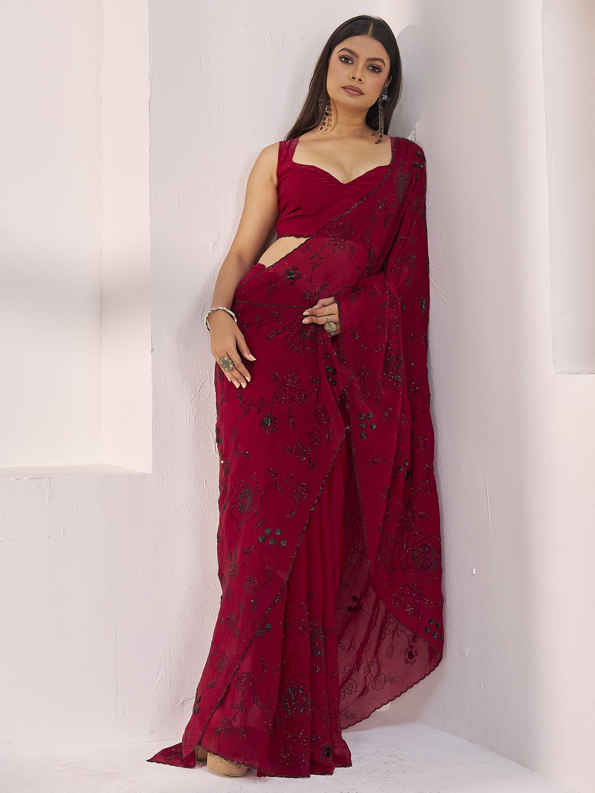 Maroon satin silk saree view 3