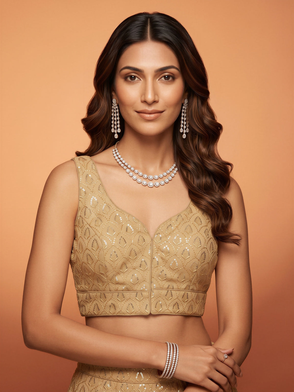 Cream sequin embroidered georgette sleeveless readymade saree blouse with sweetheart neck