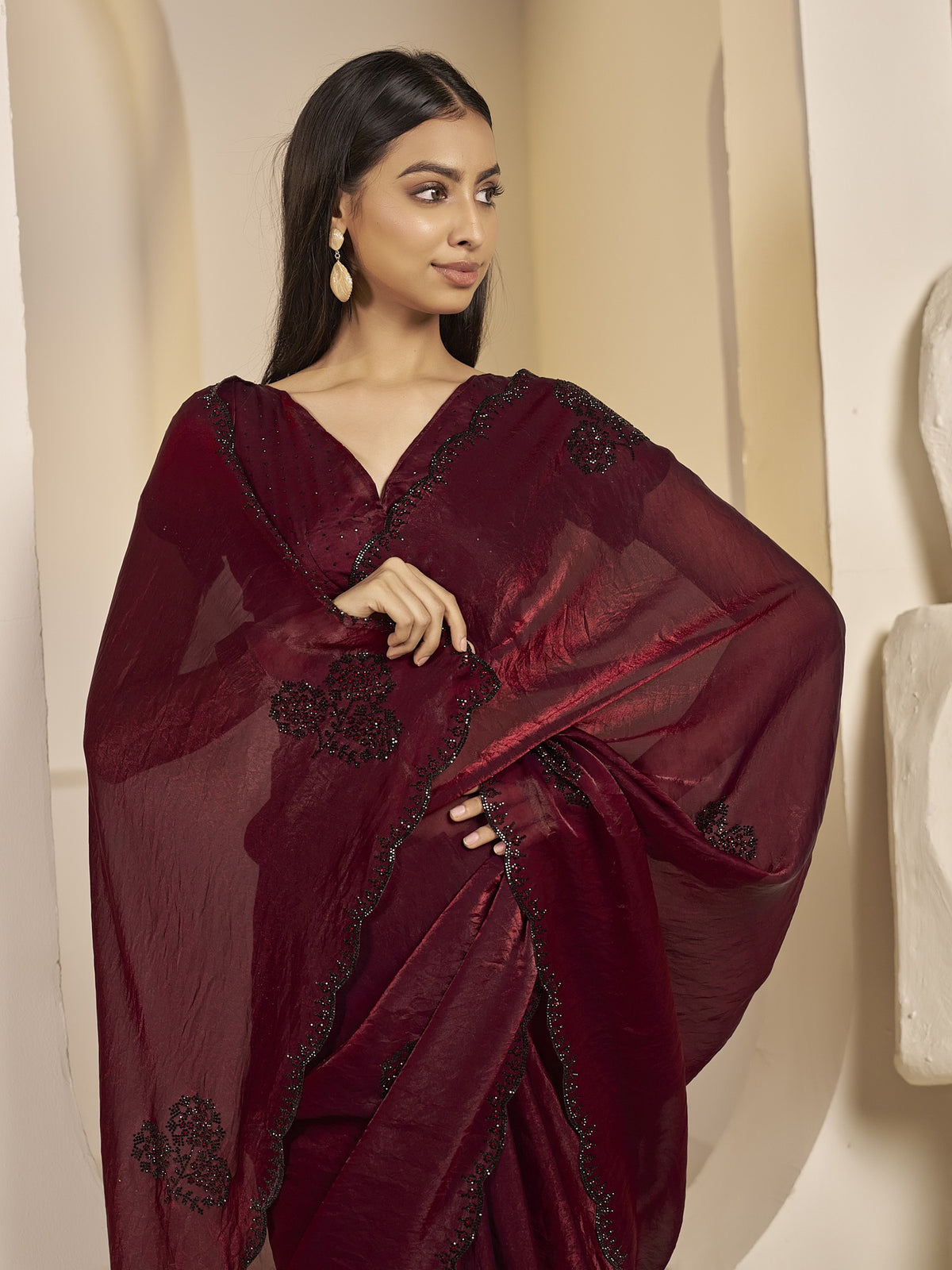 Maroon satin silk saree view 4