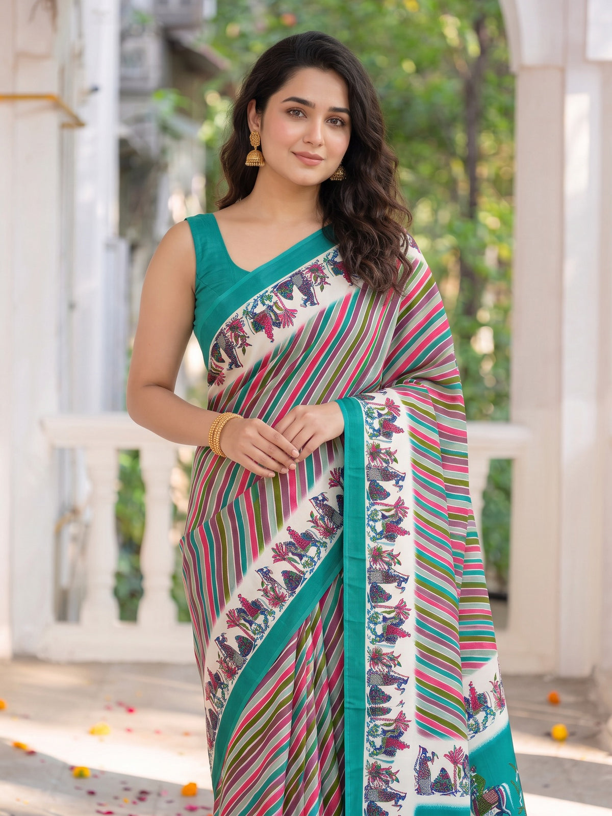 Teal Green crepe saree view 3