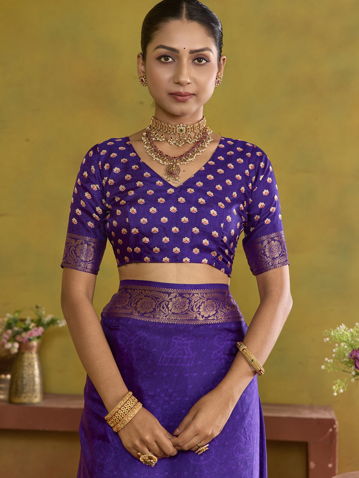 Purple tussar silk saree view 4