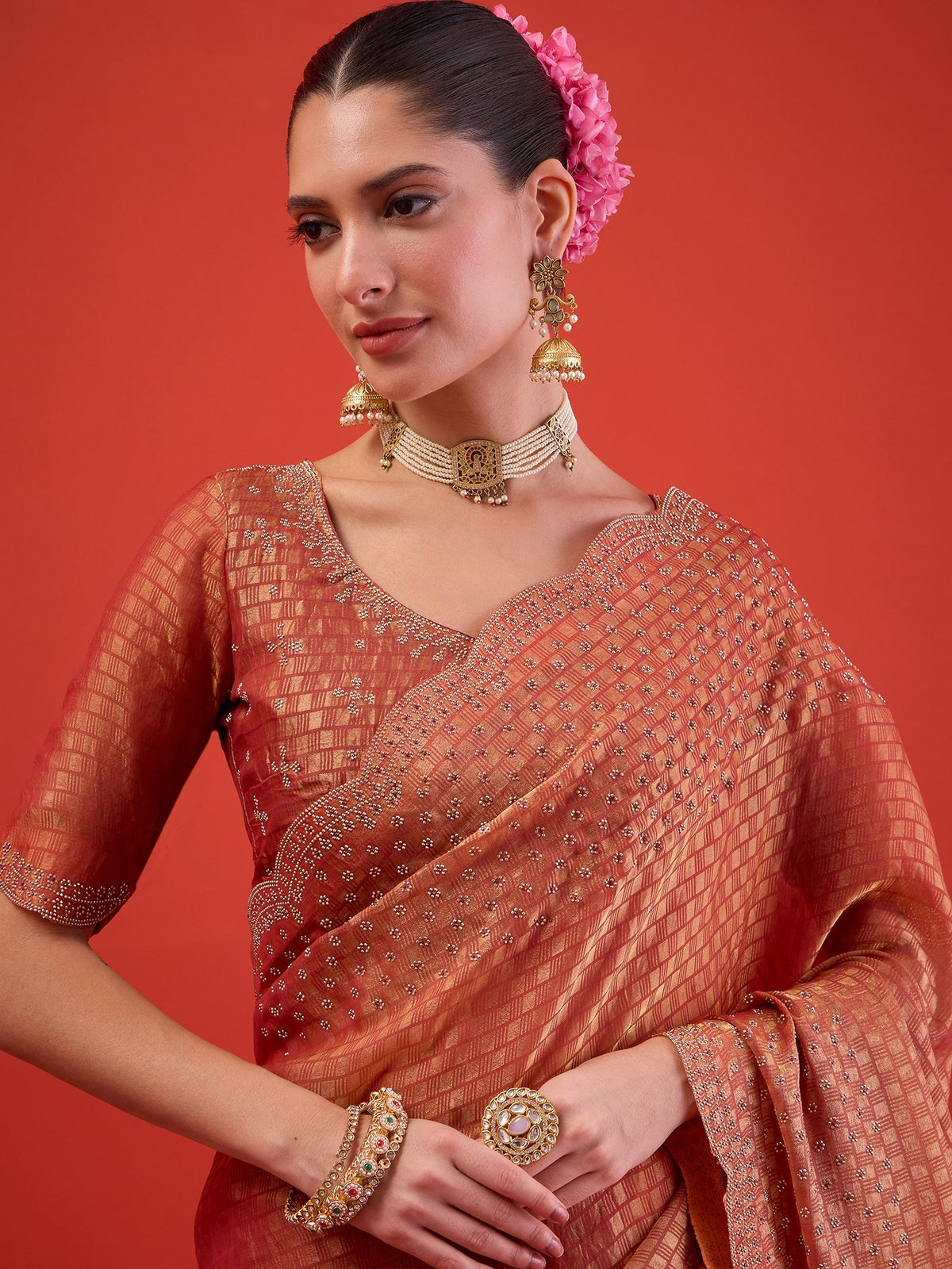Peach Satin saree – detail view 3