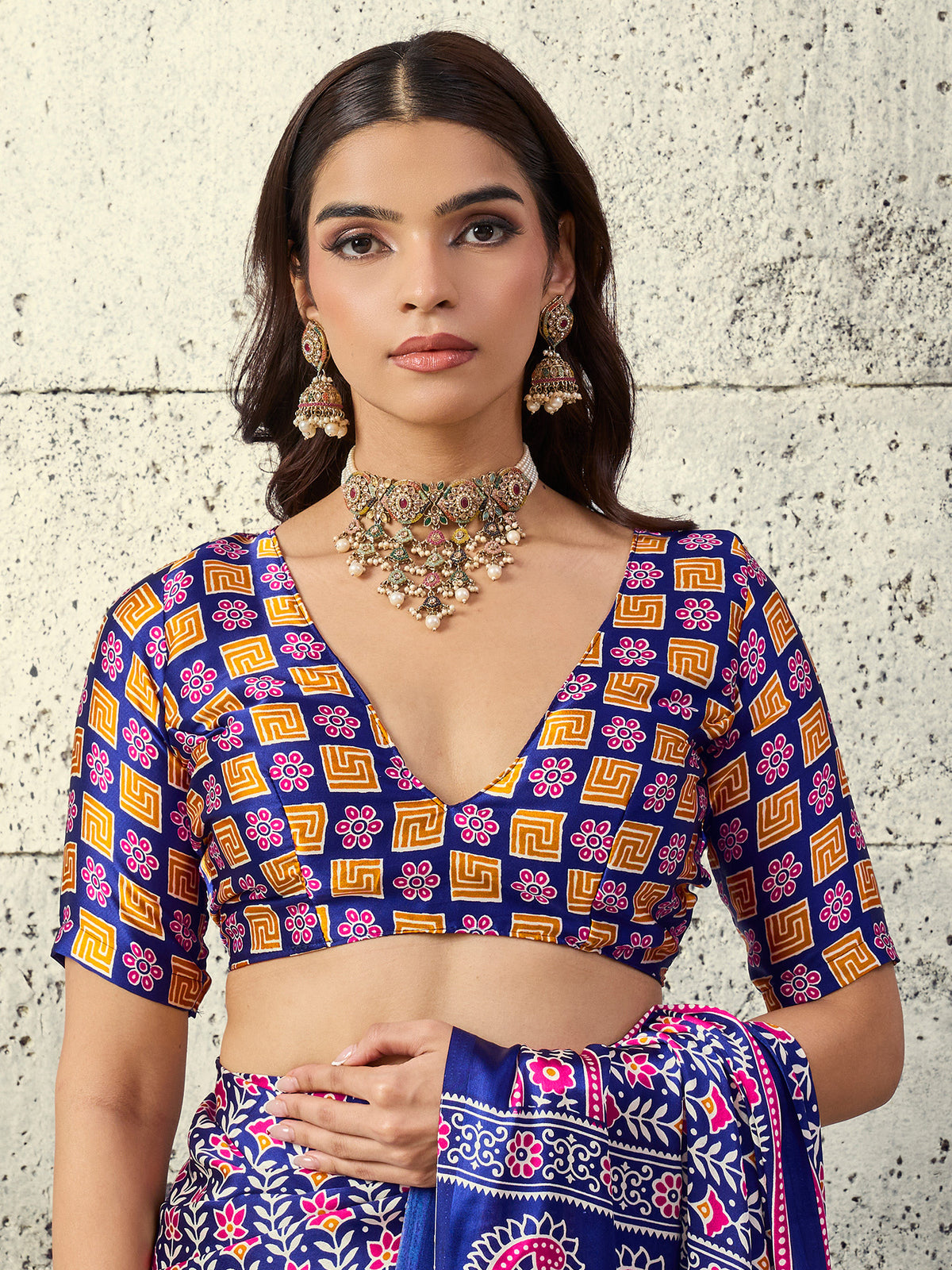 Unstitched rust satin blouse piece with ajrak design