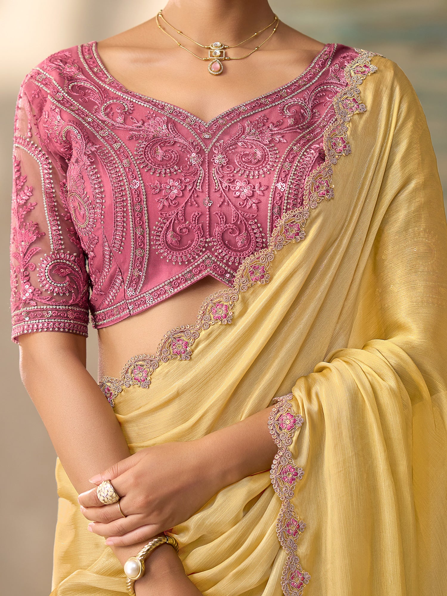 Yellow Chiffon saree – detail view 3