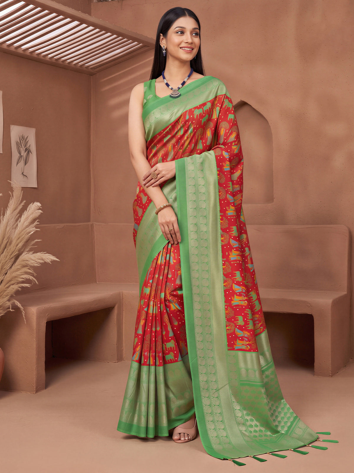 Red Cotton Blend saree – detail view 3