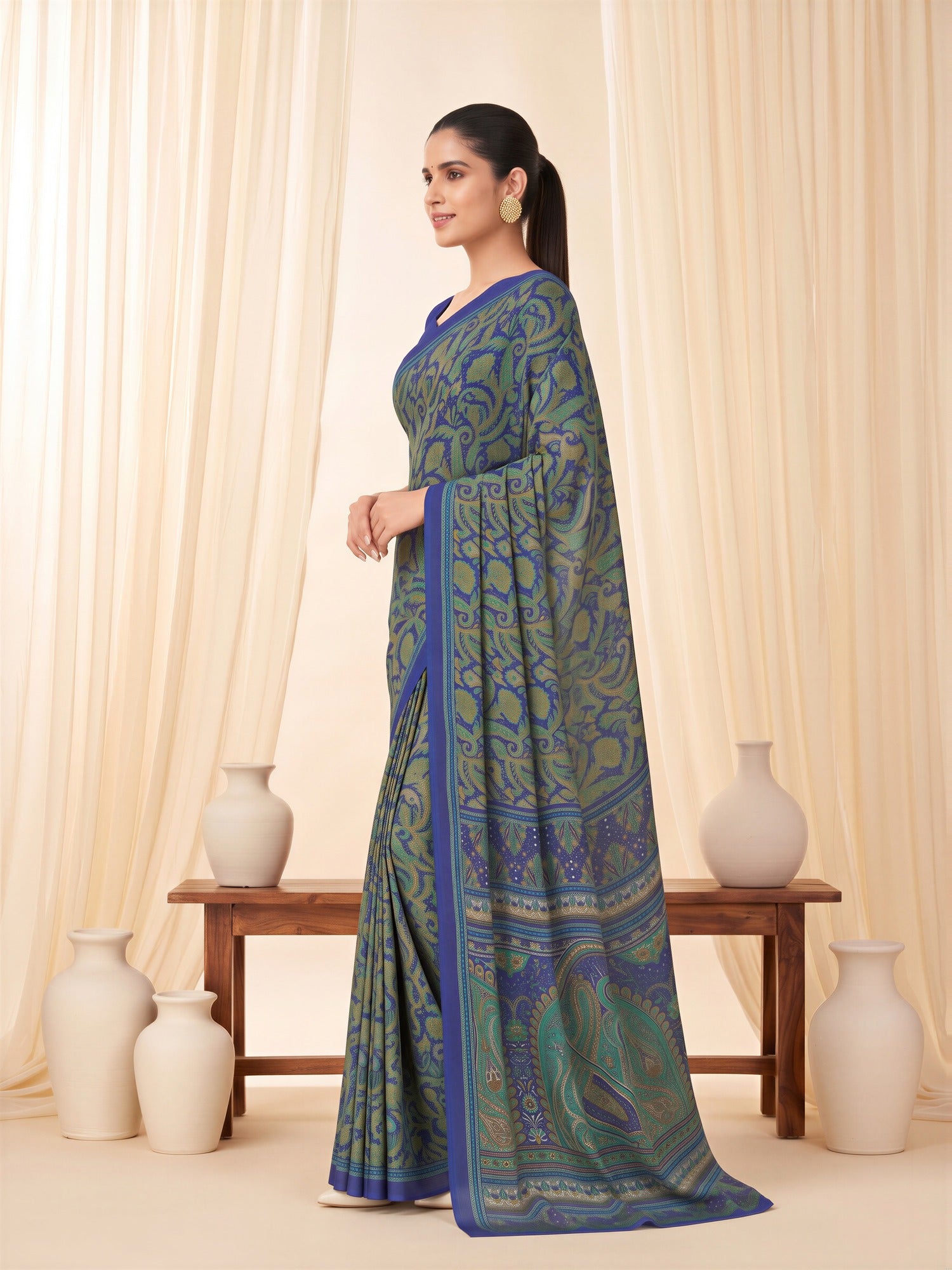 Navy Blue Crepe saree – detail view 2