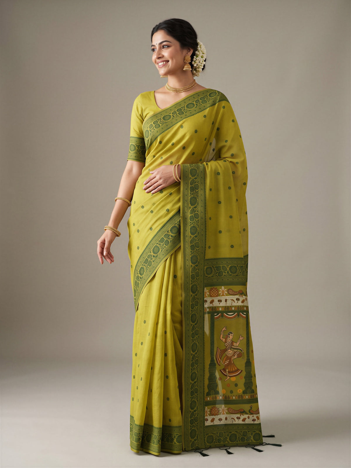 Olive ethnic motif cotton blend saree with olive blouse piece