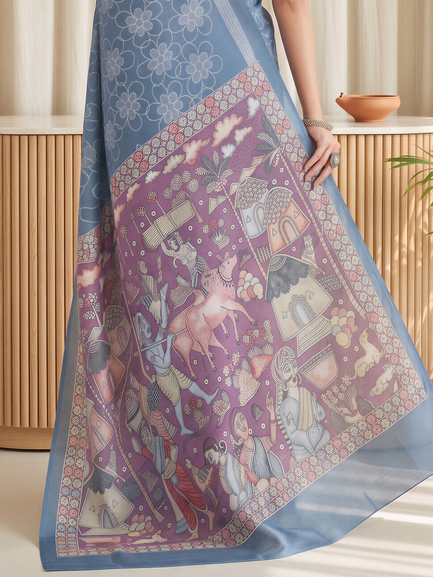 Teal Blue Linen Blend saree – detail view 5