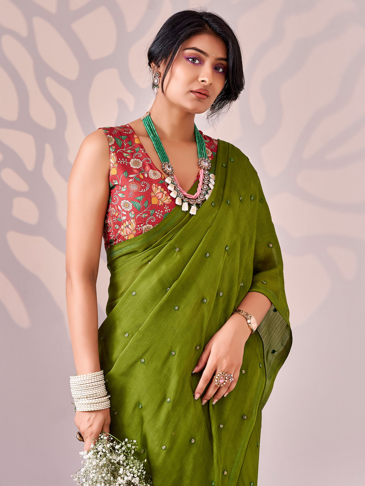Green Chiffon saree – detail view 2