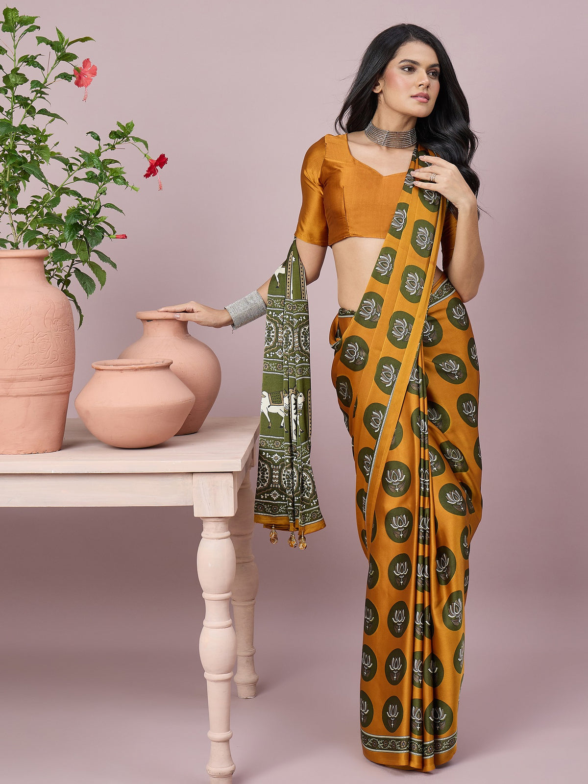 Mustard satin saree view 5