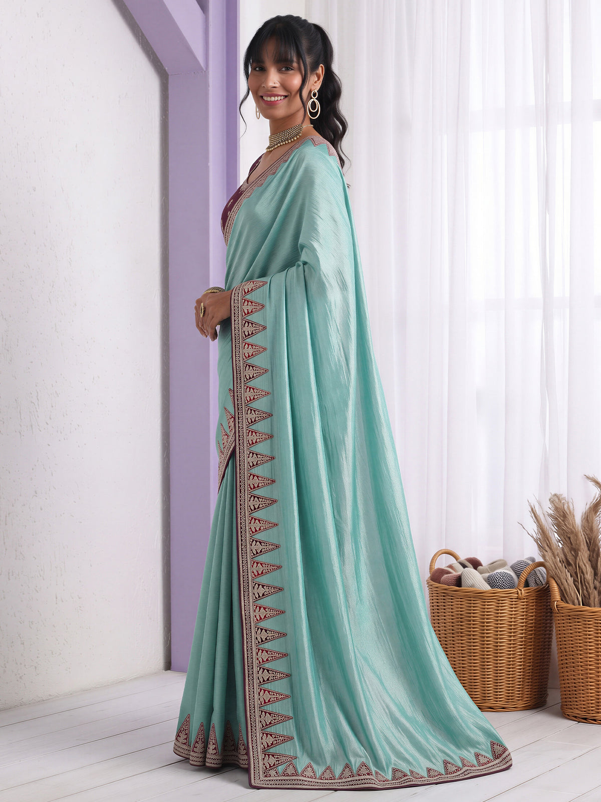 Light Blue Vichitra Silk saree – detail view 2