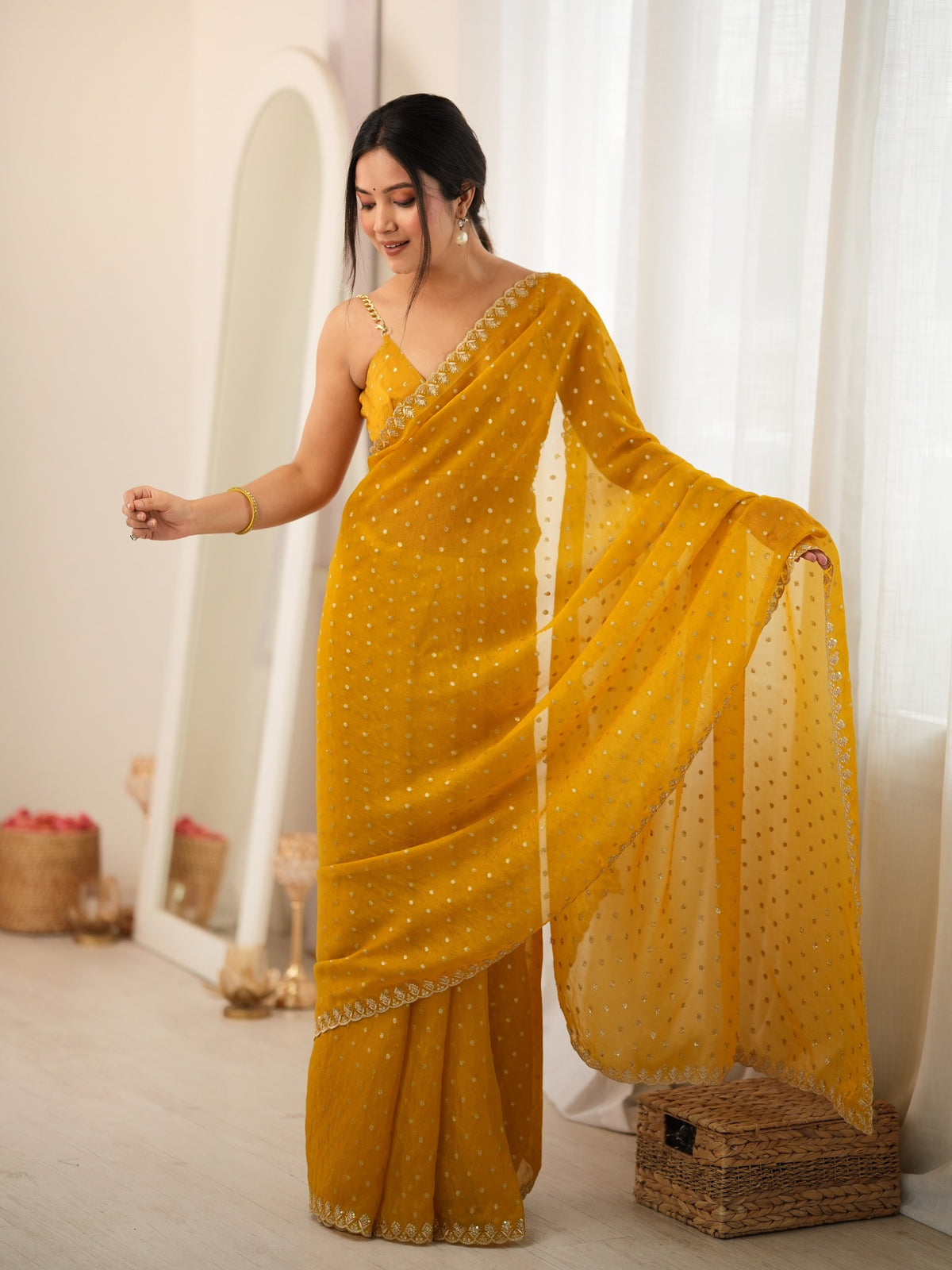 Mustard Georgette saree – detail view 3