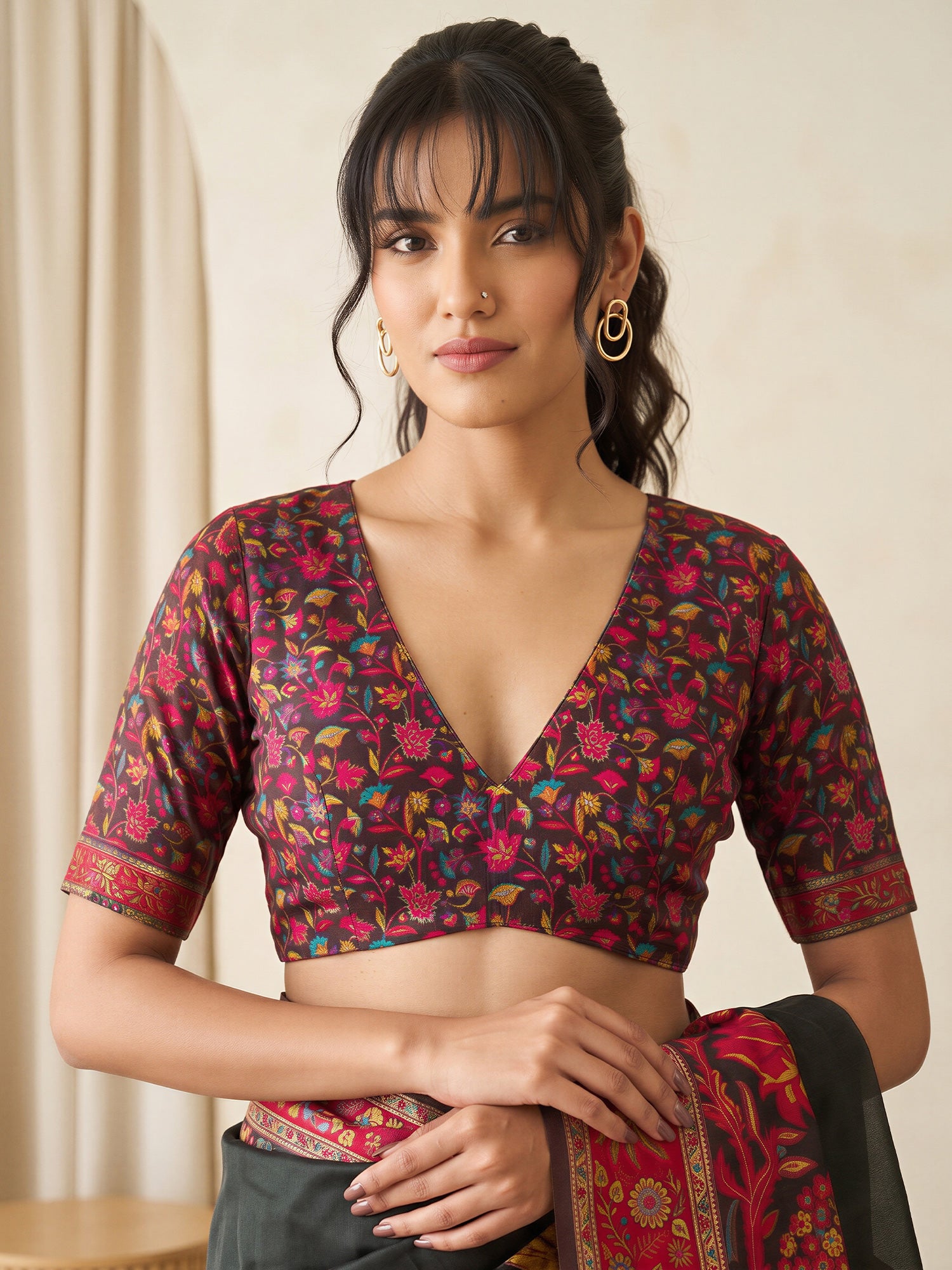 Unstitched black pashmina silk blouse piece with woven design design