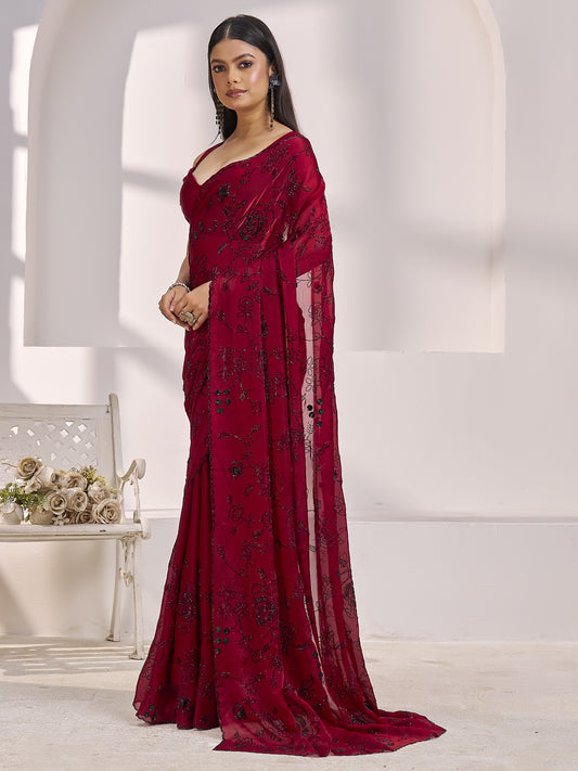 Maroon satin silk saree view 1