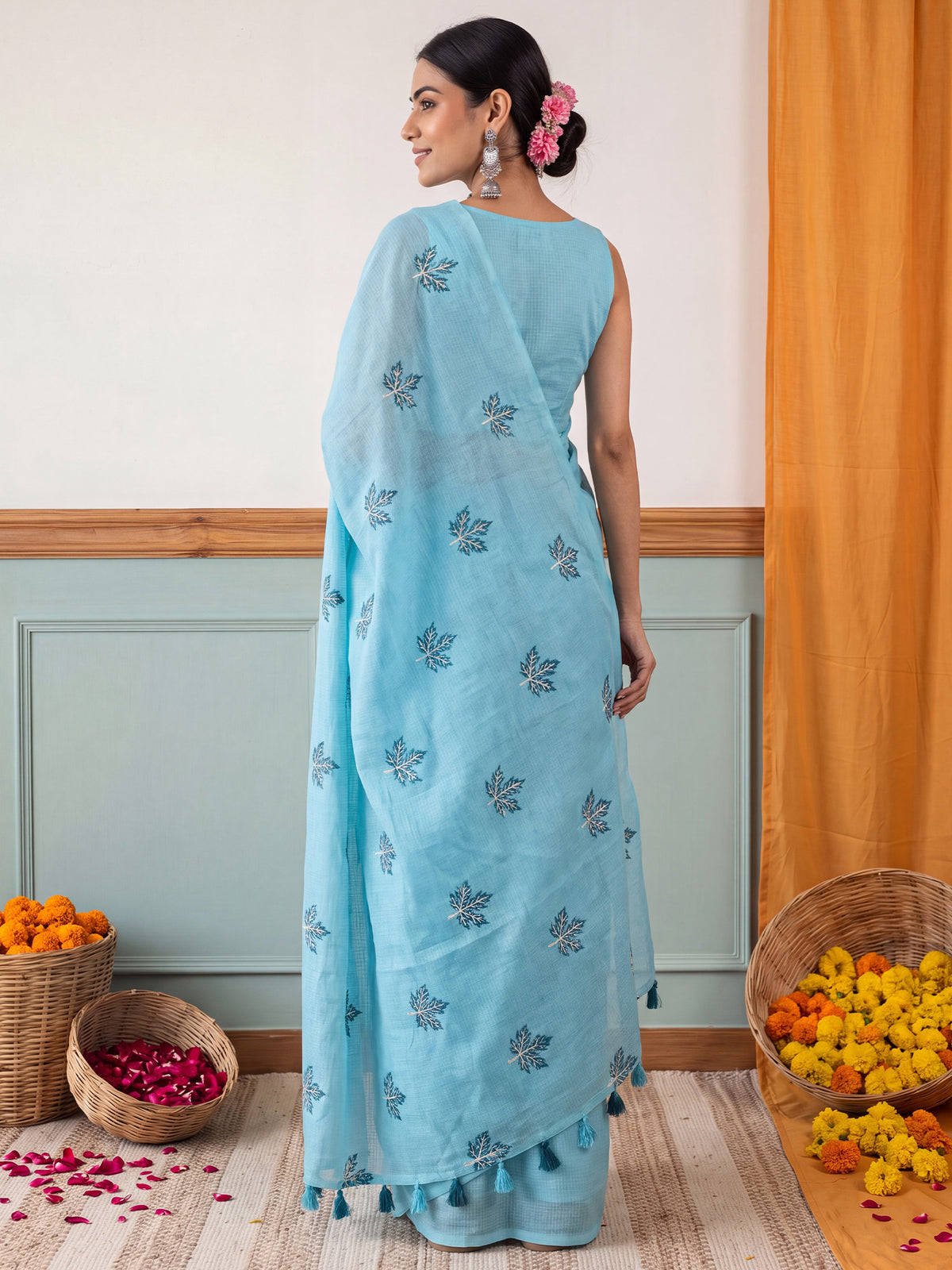 Light Blue Kota Doria Cotton saree – detail view 1