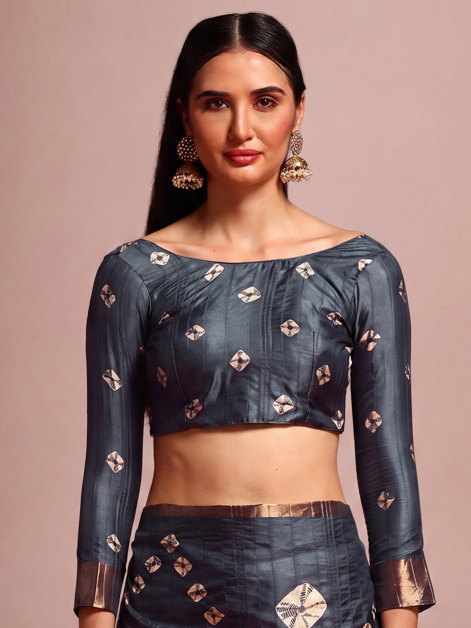 Unstitched grey silk blend blouse piece with ethnic motif design
