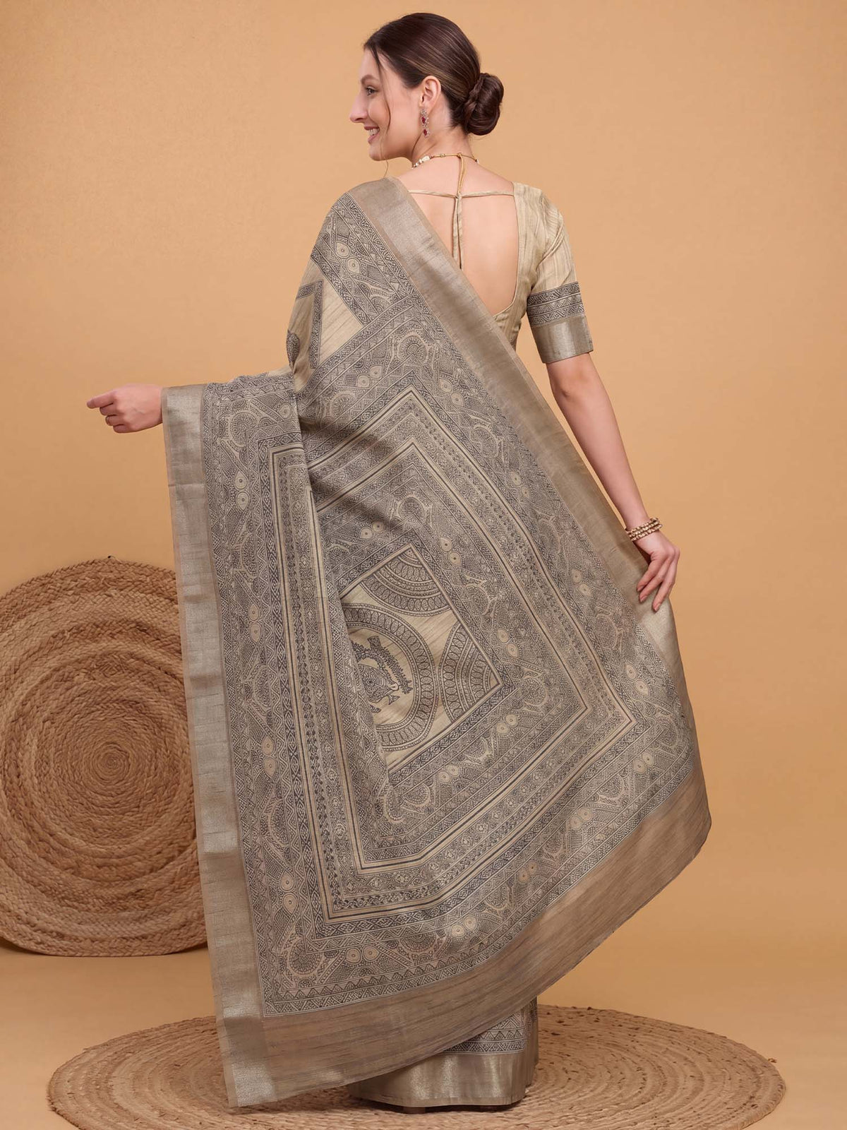 Beige Satin Silk saree – detail view 1