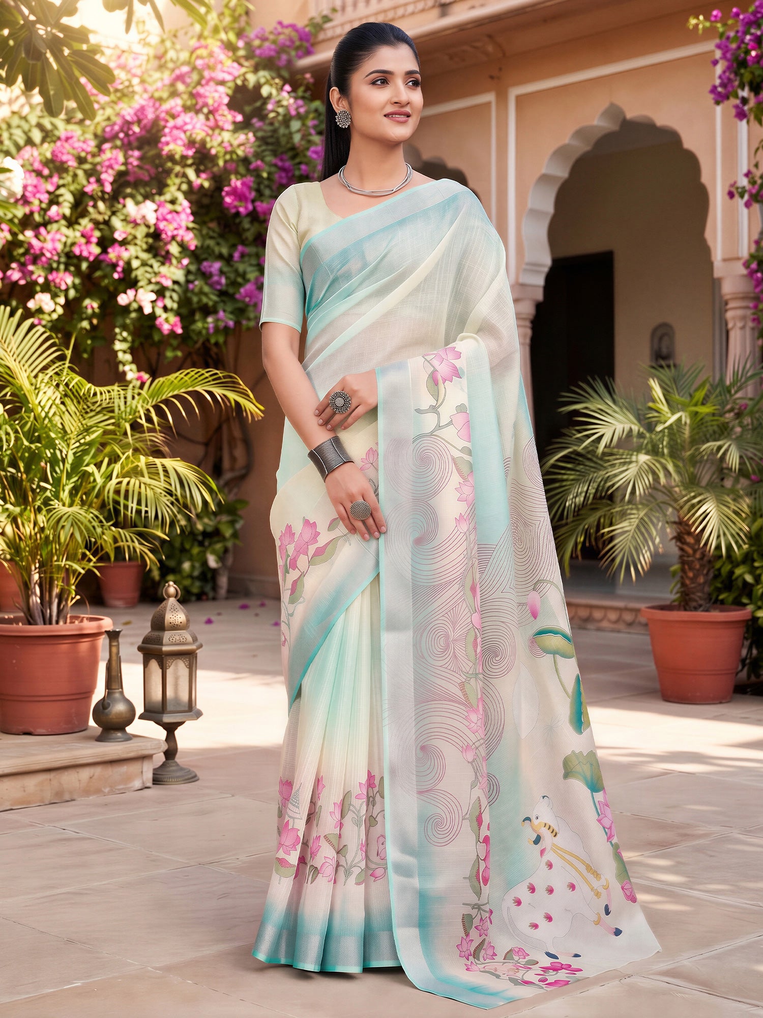 Light Blue Cotton Linen saree – detail view 3