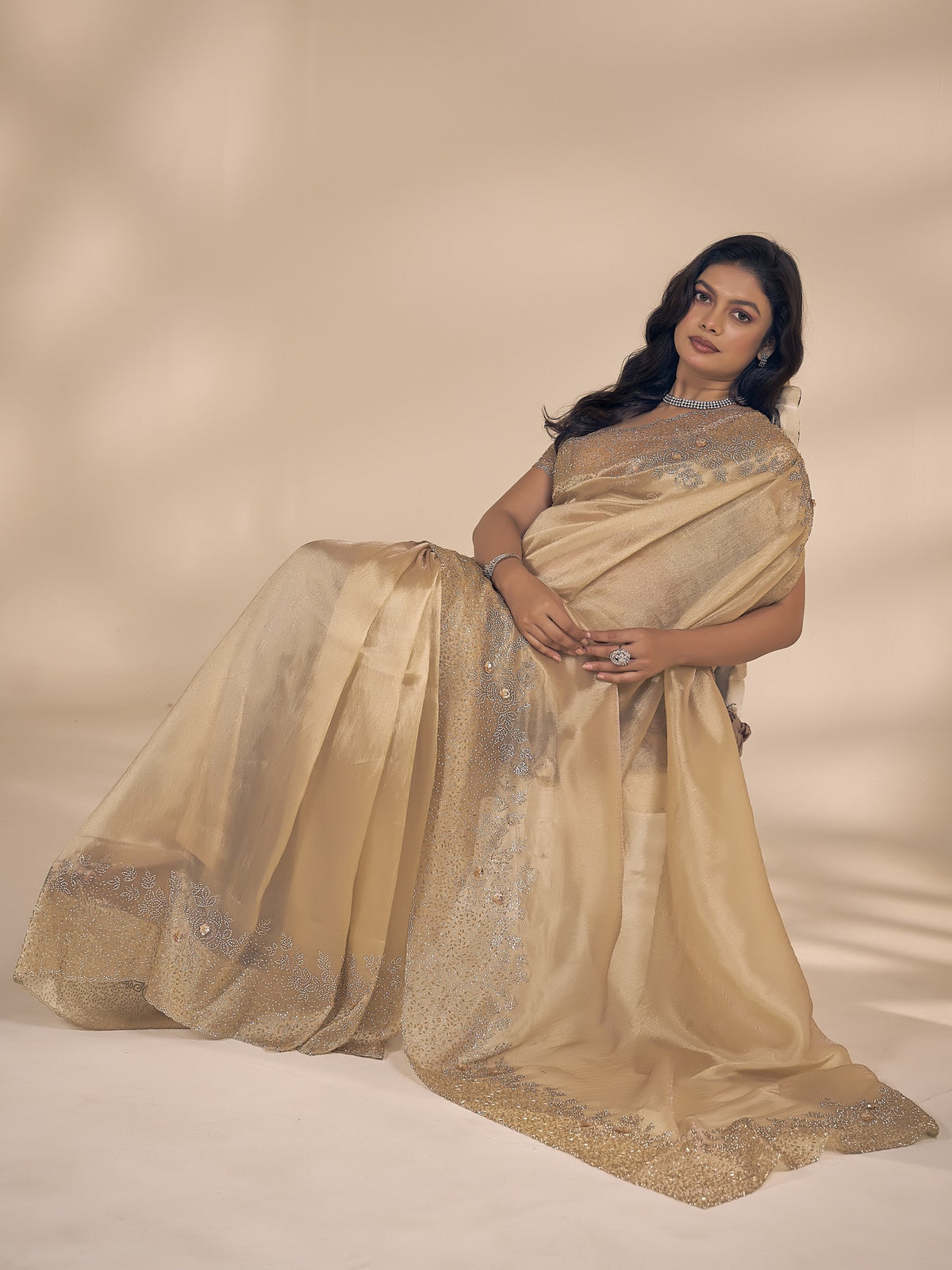 Champagne organza saree view 5