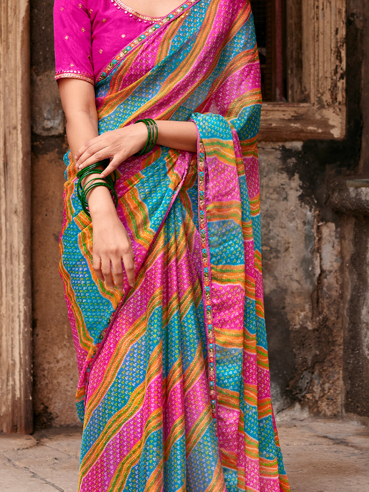 Pink georgette saree view 3