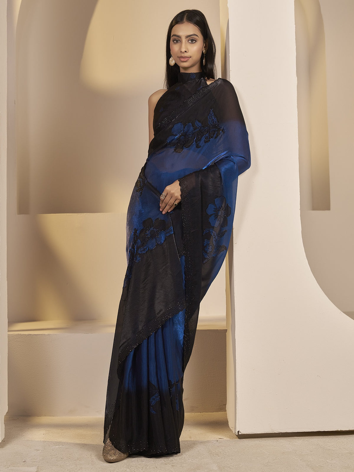 Blue satin silk saree view 1