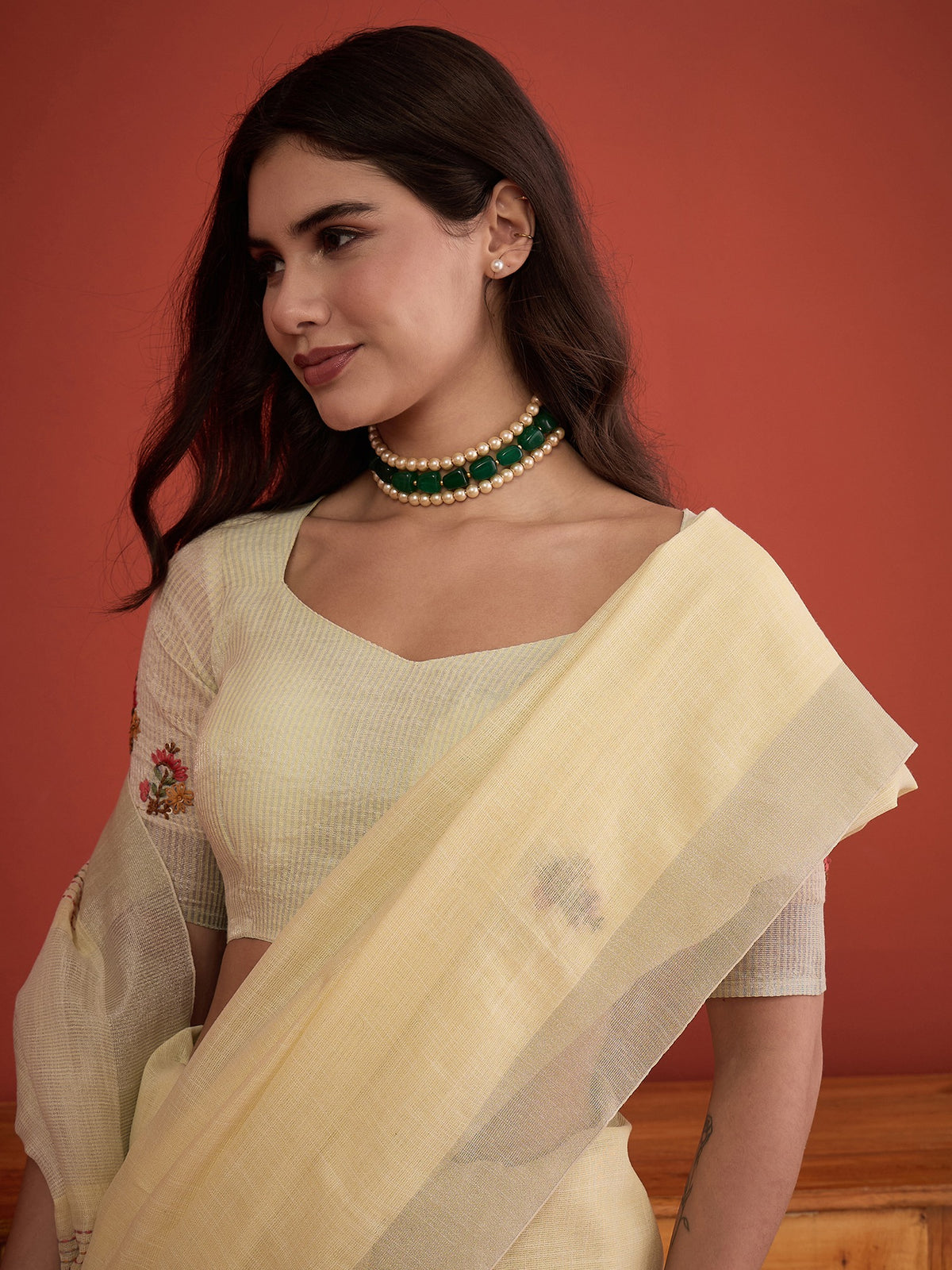 Yellow linen blend saree view 6