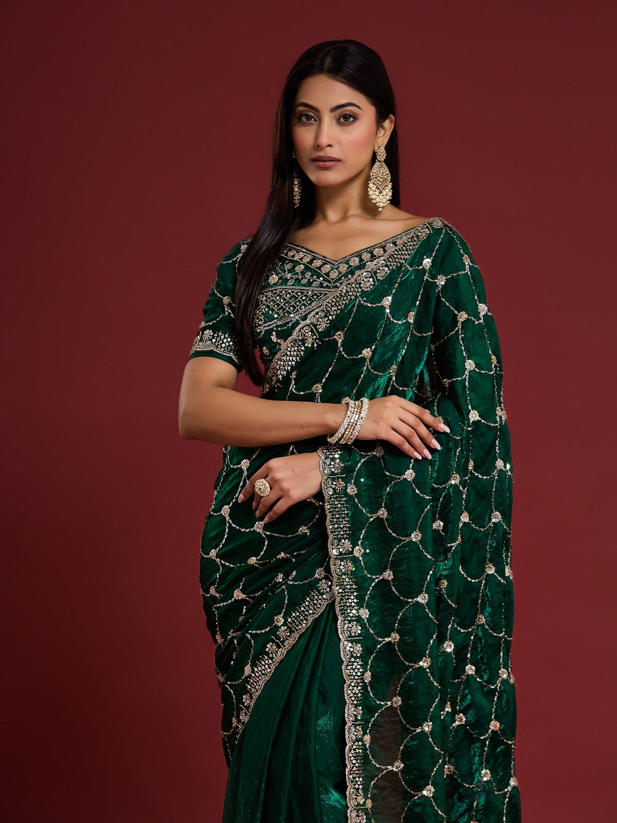 Green Satin saree – detail view 5
